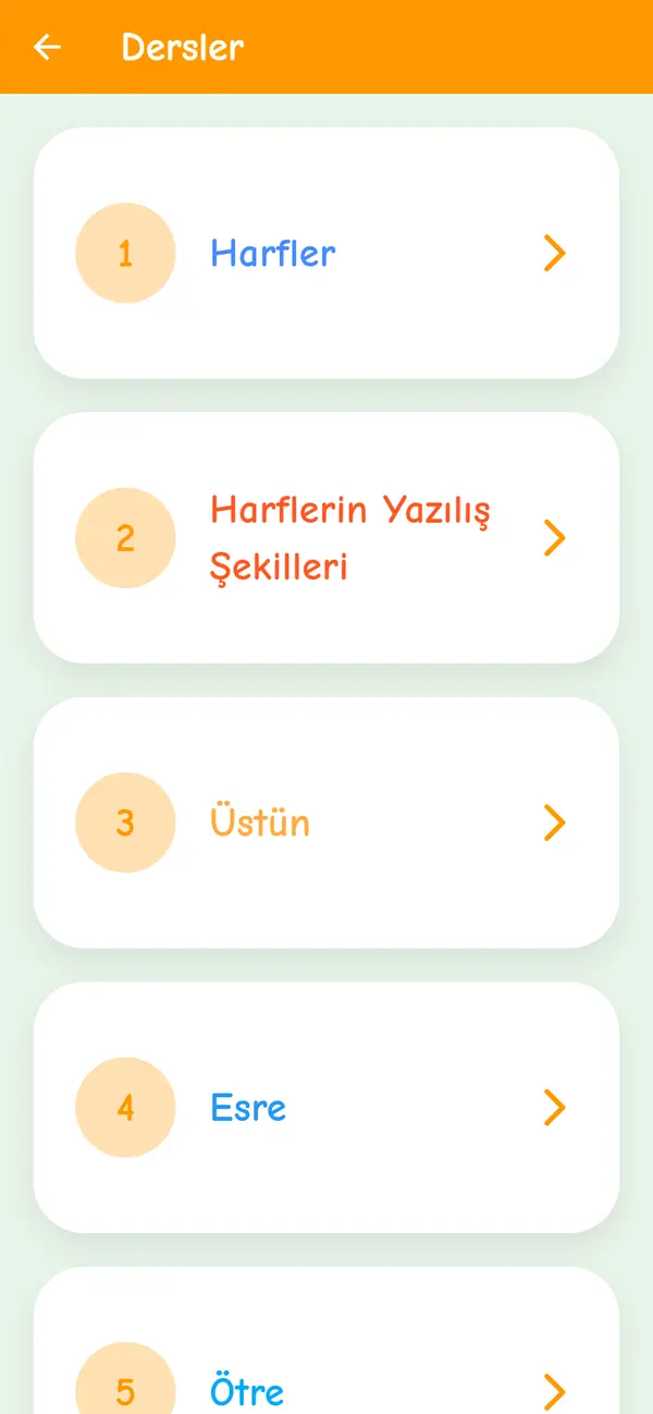 Dersler listesi: Harfler, Harflerin Yazılış Şekilleri, Üstün, Esre, Ötre