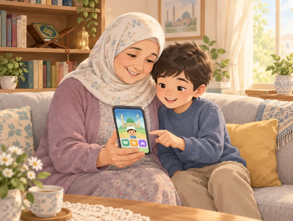 Bir büyükanne ile torunu kanepede, telefondaki öğrenme uygulamasına birlikte bakıyor
