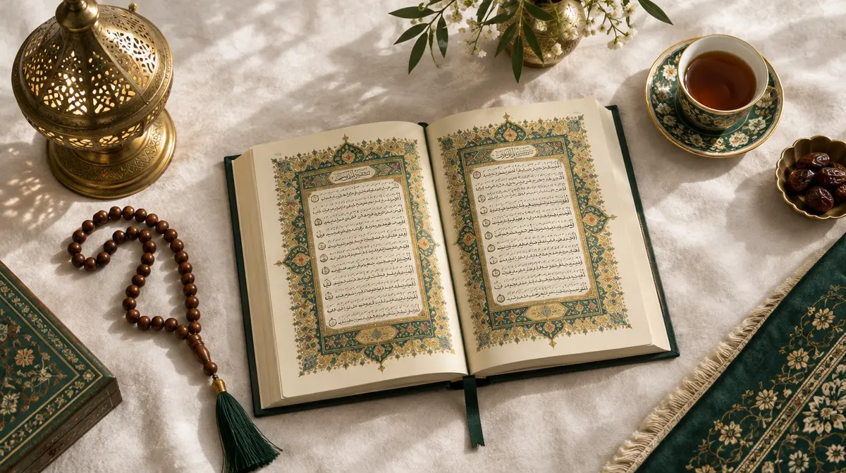 Fildişi örtü üzerinde tezhipli açık bir mushaf, pirinç kandil ve tesbih